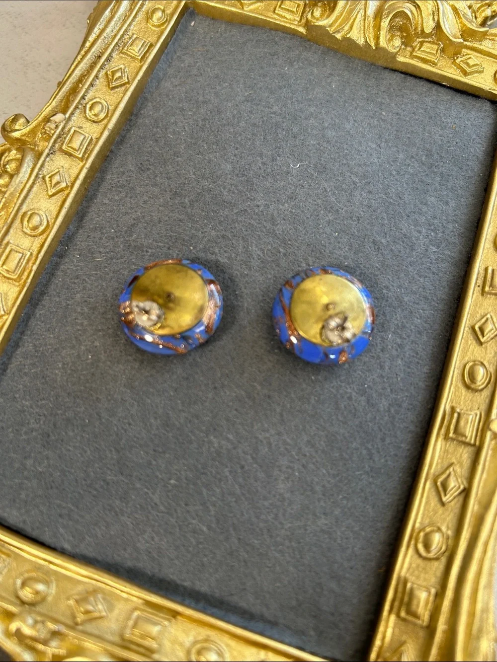 Blue and Copper Round Murano Glass Button Earrings